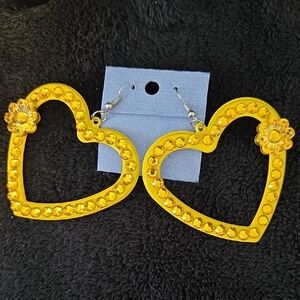Yellow Heart-Shaped Earrings with Floral Detail